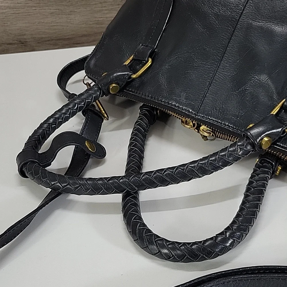Elliott Lucca Black Leather Satchel with Braided Handles